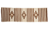 Vintage Moroccan runner rug with ivory, beige, and brown geometric stripes and checkered patterns.
