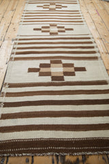 Geometric checkered medallions and varied brown stripes on a vintage Moroccan rug.