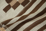 Vintage Moroccan runner, hand-knotted texture, ivory, beige, and copper brown geometric stripes.
