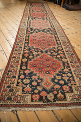 Angled view of an antique Malayer runner, showcasing its full length and repeating medallion design.
