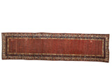 Early 20th century Antique Kurdish Hamadan runner, vivid madder red field, repeating boteh motif, 3x11.5 feet.