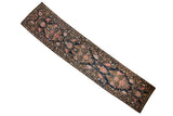 Antique Karabagh rug runner with intricate floral bouquets in pink and copper tones on a dark navy blue field.