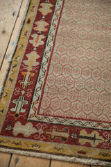 Vintage Oushak runner: pale tangerine floral hexagons, cherry red, and saffron borders.