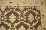 Vintage Distressed Oushak rug runner, geometric coffee brown and cream pattern, textured pile.