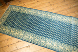 Distressed sapphire blue field with floral botehs and ivory meandering vine border.