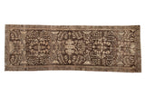 Distressed vintage Dargezine runner, faded chocolate brown, ornate silver floral motifs. 3'4