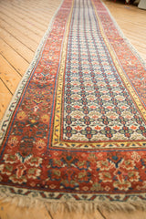 Antique Bijar runner with ivory field of germinating quatrefoil plants and red henna border.