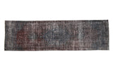 Distressed Overdyed Sparta runner; rich violet, teal, charcoal tones with subtle medallion, 2'11