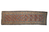 Antique Northwest Persian runner rug with madder root red field, geometric guls, sky blue borders, 3'3