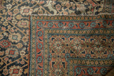 Antique Khorassan carpet corner: stylized arabesques, madder red border with florals. Visible pile wear.
