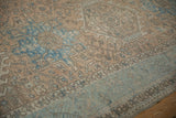 Distressed Karaja carpet pile with even wear, geometric patterns, pale apricot and sky blue.