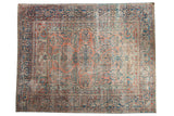 Distressed vintage Lilihan carpet, intricate floral and palmette design, ruby red, sapphire blue, ivory. 8'9