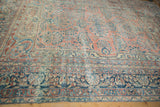 Distressed Lilihan carpet border, intricate sapphire blue and ruby red palmettes and pomegranates.