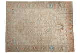 Distressed vintage Karaja carpet with oversized medallion, ivory, blue, red geometric motifs, 9' x 11'11