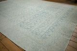 Distressed vintage Mahal carpet corner, showing soft blue Herati pattern and subtle wear.