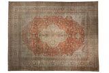 Vintage distressed Kayseri carpet with a rust quatrefoil medallion and beige floral field showing time-softened patina.