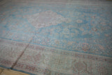 Distressed Meshed carpet border, geometric arabesques, pale rose and sky blue abrashes.