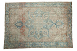 Distressed vintage Mehrivan carpet, central medallion, pale blue, ivory, terracotta, 8'5