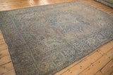 Close-up of distressed Indian Ahar rug, showcasing textured Souf weave in dusty blue and brown.