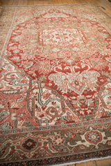 Heriz carpet border detail: distressed Herati, Turtle Samovar motifs in cherry red, olive, pale blue.