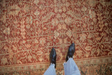 Distressed vintage Heriz carpet texture with allover scrolled leaves and burgundy red vinery.