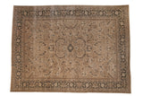 Vintage distressed Sparta rug, serrated leaf design and Turtle Samovar border in muted beige and charcoal.