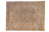 Distressed vintage Heriz rug with geometric medallion, heavy abrashes, brown, ivory, and powder blue, 8x10.