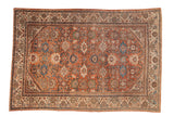 Vintage Mahal carpet, faded brick red allover Darus floral design with sky blue, ivory, navy.