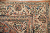 Mahal carpet corner with dusty rose floral palmettes, sky blue accents, and multi-layered borders.
