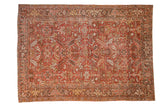 Distressed vintage Mehrivan carpet, dusty brick red geometric field, Samovar Turtle border.