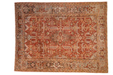 Distressed Persian Mehrivan carpet with germinating boteh, Turtle Samovar border in brick red, silver.
