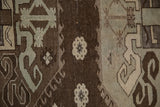 Reciprocating pawn design motif and worn texture on a vintage distressed Kars carpet.
