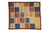 Vintage Indian Gabbeh square carpet, multi-tone blue, copper, saffron, ivory panels with abstract figures.