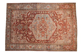 Vintage Distressed Heriz rug, bold medallion, germinating blossoms, Samovar motifs, red, blue, ivory.