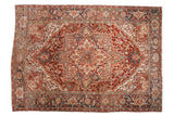 Distressed vintage Heriz rug, shield medallion, Samovar Turtle border, muted red and blue colors.