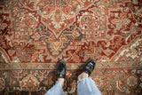 Distressed Heriz rug with expressive field, Samovar Turtle border, and varied red, blue tones.
