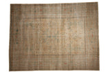 Antique Distressed Yezd Persian carpet, pale gold, sky blue and copper floral vines.