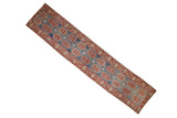 Distressed Oushak runner: aquatic blue field, cherry red cartouches, and floral border, 3x14 feet.