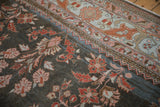 Distressed Lilihan carpet detail: charcoal field, cherry red florals, powder blue border.