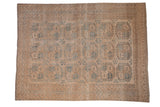 Distressed vintage Ersari rug, abrashed sand field, dusty blue guls, camel accents, 7'6