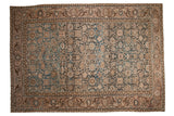Vintage Distressed Malayer, abrashed dusty blue floral field, brown palmette border. 8'7