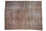 Antique Distressed Doroksh carpet, large medallion, Herati field, faded raspberry, blue, gold.
