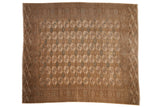 Distressed vintage Bokhara square carpet with guls in muted brown, ivory, and olive green, 8'4