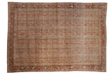Vintage distressed Qom carpet with repeating columns of boteh motifs and a rich chestnut floral palmette border.