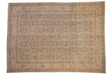 Vintage distressed Mahal carpet with an allover pattern in coffee brown, ivory, and dusty sky blue.