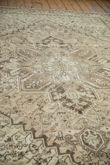 A low perspective across the vintage Mehrivan carpet, highlighting its even wear and low pile texture.