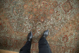 Distressed vintage Bakhtiari rug featuring faded scrolled arabesques in muted terracotta and olive green.