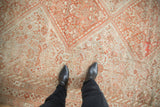 Low pile texture of a distressed Shiraz showing geometric bird motifs in rust and beige.