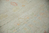 Distressed ivory pile texture with soft pastel patterns and even wear of the Afghani Moroccan rug.