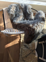 Mottled grey and brown faux fur blanket with a shaggy texture.